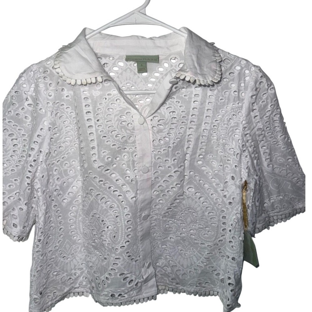 Ryegrass White Eyelet Embroidered Pom Pom Trim Button Down‎ Top Small NEW